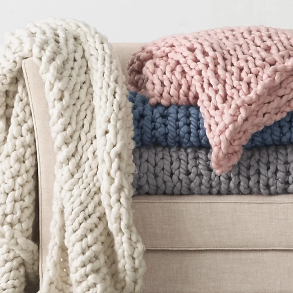 Restoration Hardware Chunky Hand-Knit Throw Blanket in Pink